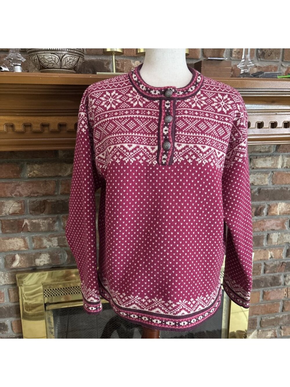 Ll Bean Ladies 100% Merino Wool Sweater Pink Fair Isle Size Large